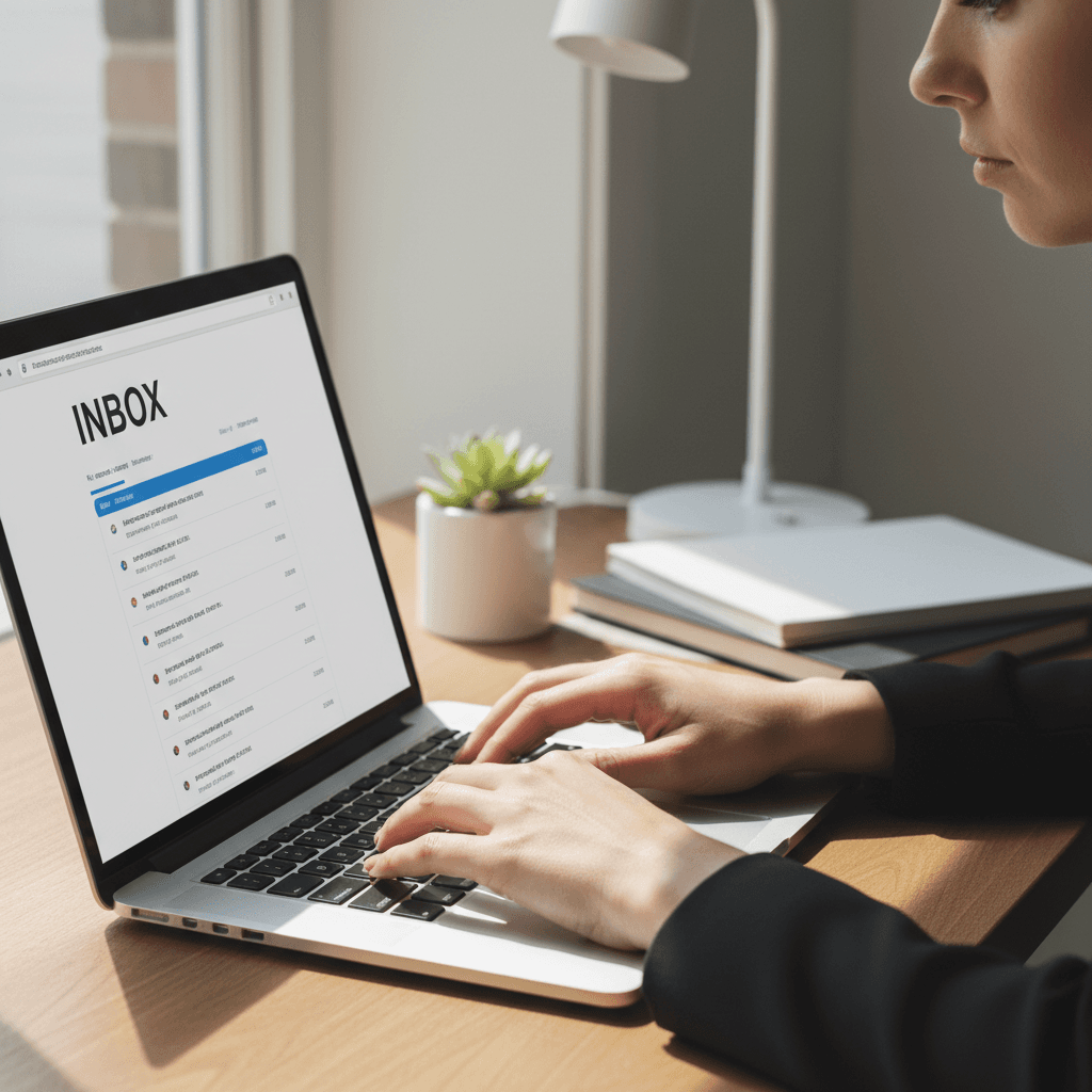 Person typing on laptop keyboard, checking email in bright home office with natural window light