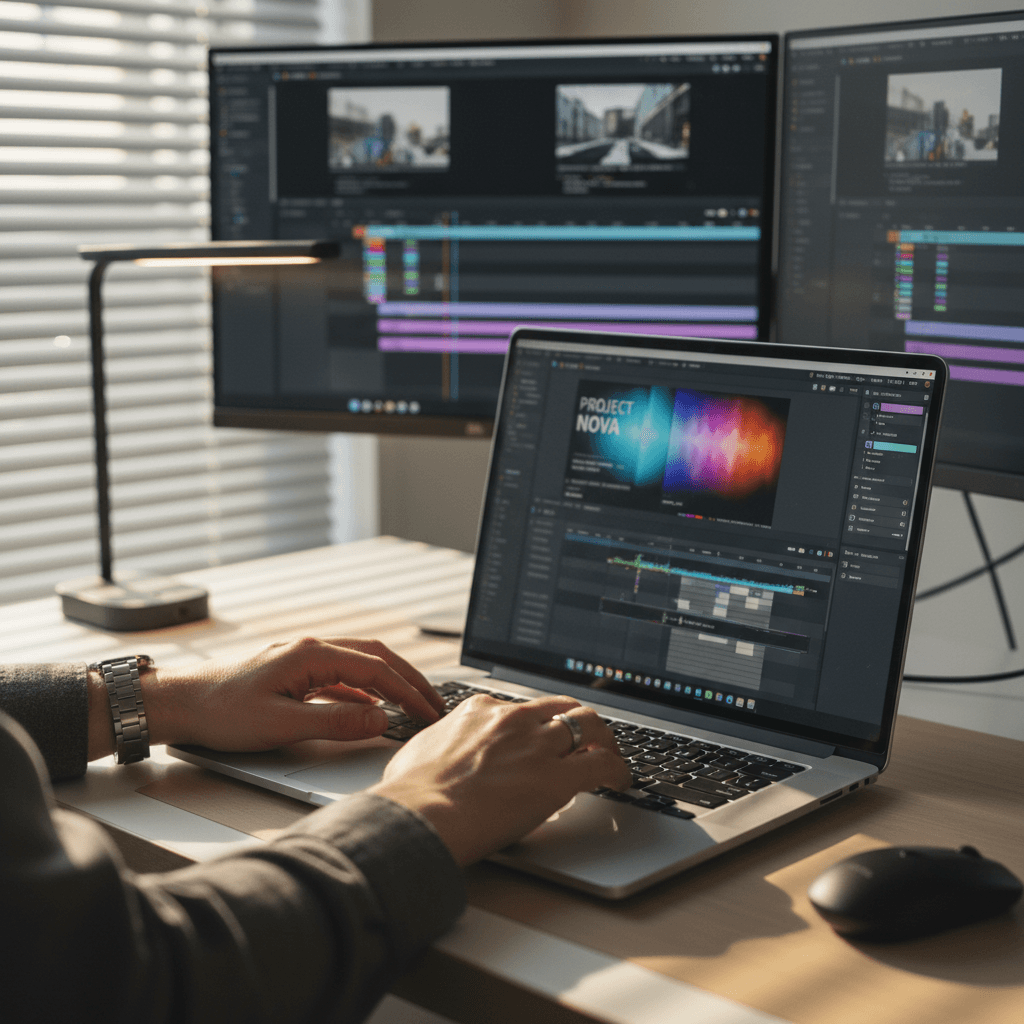Video editor's hands on keyboard with multi-monitor editing setup displaying color-graded footage and project timelines