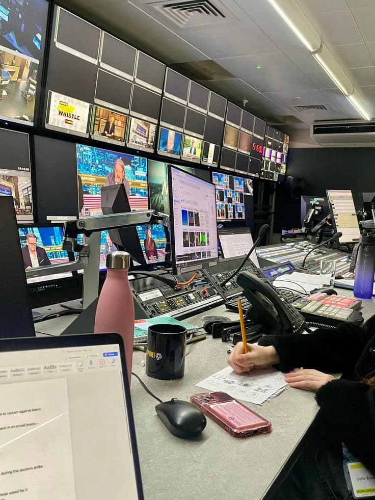 Person writing on a notepad in a newsroom control center with many video monitors.